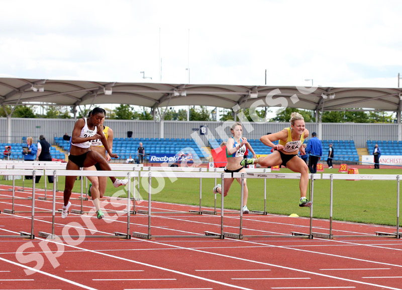 256 Aahley Helsby (Liverpool Harriers), wins the 100 metres hurdles final, Northern Championships, Sport City, Manchester